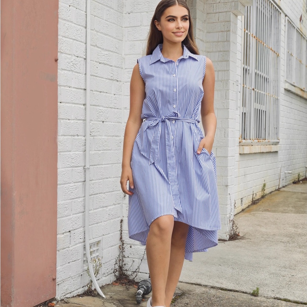 Sleeveless Blue Striped Shirt Dress